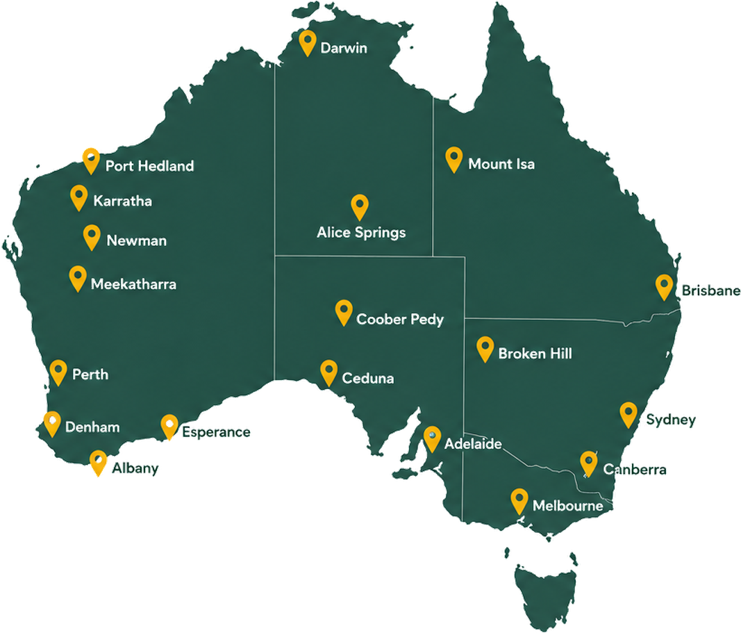 Map of Australia showing AusFirst Engineering site locations attended nationally, including Darwin, Alice Springs, Coober Pedy, Ceduna, Adelaide, Broken Hill, Sydney, Canberra, Melbourne, Brisbane, Mount Isa, Port Hedland, Karratha, Newman, Meekatharra, Perth, Denham, Esperance, and Albany.